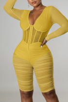 Yellow Sexy Solid Split Joint See-through Zipper V Neck Skinny Jumpsuits