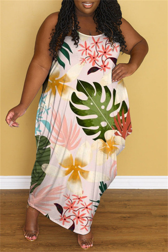 Pink Fashion Casual Plus Size Print Backless Spaghetti Strap Long Dress