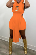 Orange Fashion Sexy Embroidery Slit Hooded Collar Sleeveless Two Pieces