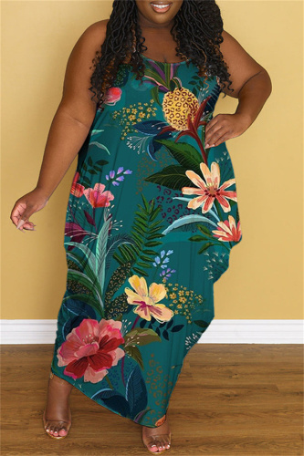 Green Fashion Casual Plus Size Print Backless Spaghetti Strap Long Dress