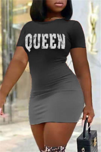 Black Fashion Casual Gradual Change Letter Print Basic O Neck Short Sleeve Dress