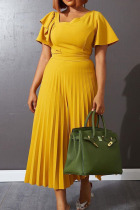 Yellow Casual Solid Split Joint Flounce Fold Asymmetrical Collar Straight Dresses