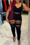 Black Sexy Street Solid Ripped Make Old Patchwork Plus Size Jeans