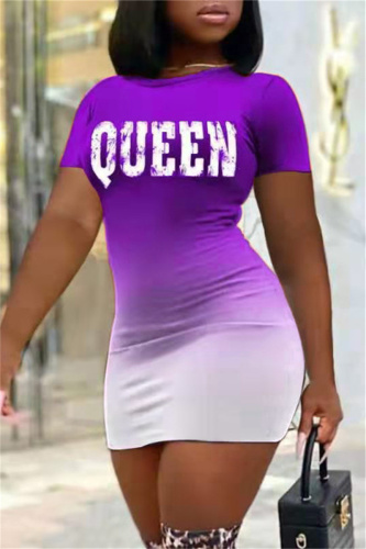 Purple Fashion Casual Gradual Change Letter Print Basic O Neck Short Sleeve Dress
