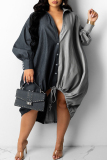 Black Fashion Casual Plus Size Solid Patchwork Asymmetrical Turndown Collar Shirt Dress