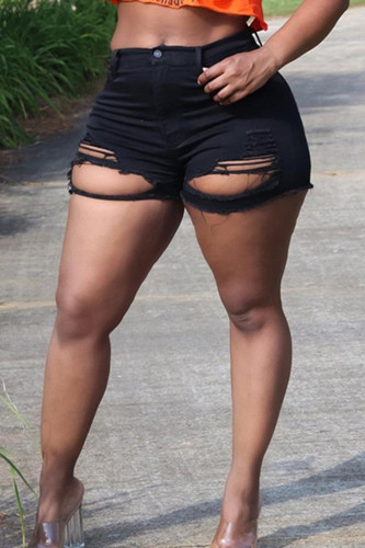 Black Fashion Casual Solid Ripped Skinny High Waist Conventional Solid Color Plus Size Denim Shorts