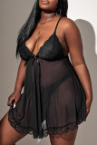 Black Sexy Living Plus Size Solid See-through Backless V Neck Sling Dress