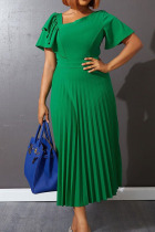 Green Casual Solid Split Joint Flounce Fold Asymmetrical Collar Straight Dresses