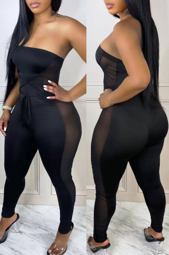 Black Sexy Solid Bandage Patchwork See-through Strapless Regular Jumpsuits