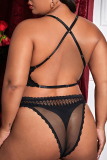 Black Fashion Sexy Solid See-through Backless Spaghetti Strap Plus Size Two Pieces