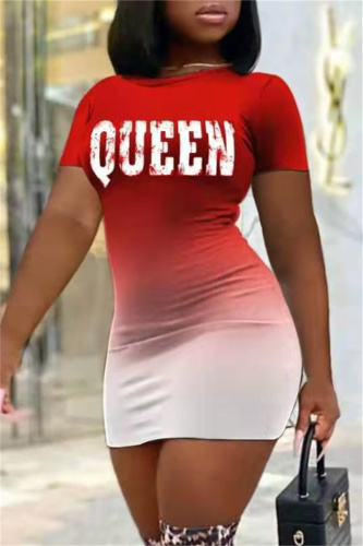 Red Fashion Casual Gradual Change Letter Print Basic O Neck Short Sleeve Dress