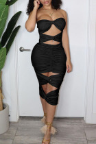 Black Sexy Solid Hollowed Out Patchwork Strapless Pencil Skirt Dresses