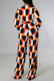 Orange Fashion Casual Print Basic V Neck Regular Jumpsuits