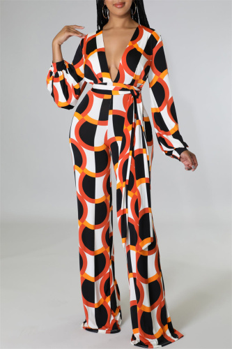 Orange Fashion Casual Print Basic V Neck Regular Jumpsuits