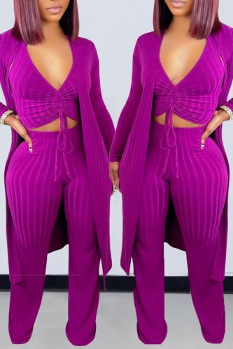Purple Casual Solid Patchwork V Neck Long Sleeve Three Pieces