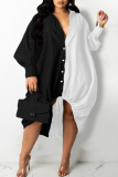 Black Fashion Casual Plus Size Solid Patchwork Asymmetrical Turndown Collar Shirt Dress