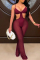 Burgundy Fashion Sexy Solid See-through Backless Spaghetti Strap Skinny Jumpsuits