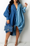 Blue Fashion Casual Plus Size Solid Patchwork Asymmetrical Turndown Collar Shirt Dress