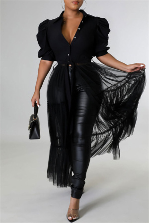 Black Fashion Casual Solid Patchwork Mesh Turndown Collar Shirt Dress