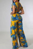 Yellow Sexy Print Patchwork Backless V Neck Straight Jumpsuits