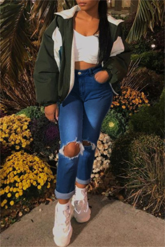 Dark Blue Fashion Casual Solid Ripped High Waist Regular Denim Jeans