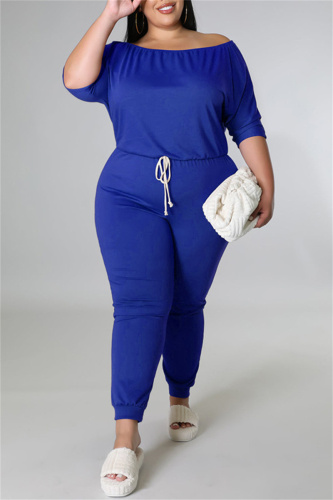 Blue Fashion Casual Solid Basic O Neck Plus Size Two Pieces