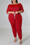 Burgundy Fashion Casual Solid Basic O Neck Plus Size Two Pieces