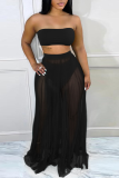 Black Sexy Solid Mesh Strapless Sleeveless Two Pieces