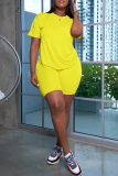 Yellow Fashion Casual Solid Basic O Neck Short Sleeve Two Pieces