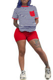 Red Fashion Casual Striped Two Piece Suits Straight Short Sleeve Two Pieces