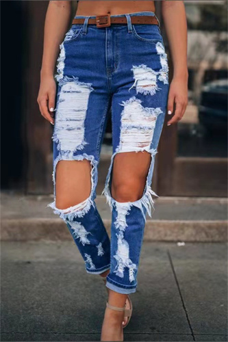 Dark Blue Fashion Casual Solid Ripped High Waist Regular Denim Jeans