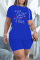 Blue Fashion Casual Letter Hot Drilling Bandage Slit O Neck Short Sleeve Two Pieces