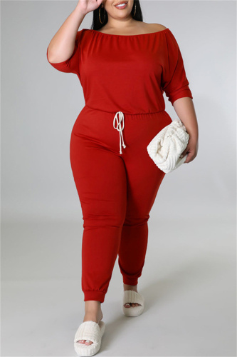 Burgundy Fashion Casual Solid Basic O Neck Plus Size Two Pieces