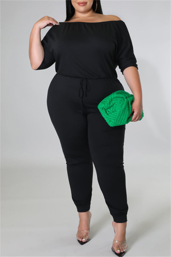 Black Fashion Casual Solid Basic O Neck Plus Size Two Pieces