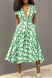 Green Fashion Casual Print Slit V Neck Short Sleeve Dress