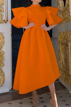 Tangerine Red Casual Elegant Solid Split Joint Flounce Half A Turtleneck Evening Dress Dresses