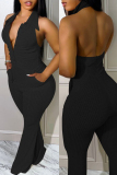 Light Gray Sexy Casual Solid Backless Fold Turndown Collar Skinny Jumpsuits