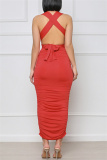 Red Fashion Sexy Solid Backless Fold V Neck Sleeveless Dress