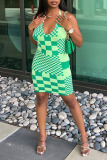Green Sexy Plaid Print Patchwork Backless Halter Pencil Skirt Dresses