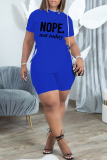 Blue Fashion Casual Letter Print Bandage Slit O Neck Short Sleeve Two Pieces