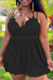 Black Fashion Sexy Solid Lace Backless Fold V Neck Sling Dress Plus Size Dresses