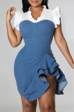 Blue Fashion Casual Solid Patchwork V Neck Irregular Dress