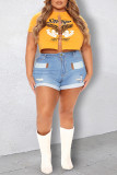 Light Blue Fashion Casual Solid Ripped Skinny High Waist Conventional Solid Color Plus Size Denim Shorts
