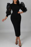 Black Fashion Casual Solid Patchwork O Neck Long Sleeve Dresses