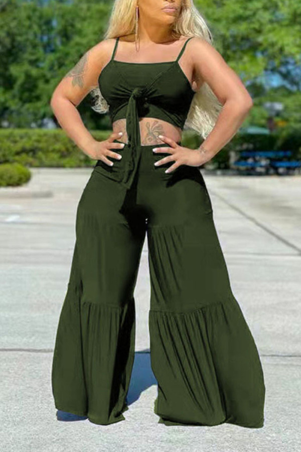 Ink Green Sexy Solid Patchwork Knotted Spaghetti Strap Plus Size Two Pieces