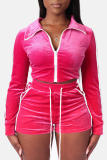 Rose Red Casual Solid Patchwork Zipper Long Sleeve Two Pieces
