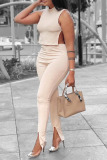 Apricot Sexy Solid Hollowed Out Patchwork Slit O Neck Sleeveless Two Pieces