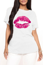White Fashion Casual Lips Printed Basic O Neck T-Shirts