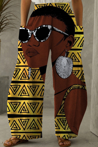 Yellow Brown Fashion Casual Print Basic Plus Size High Waist Trousers