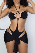 Black Fashion Sexy Solid Hollowed Out Split Joint Backless Halter Sleeveless Two Pieces